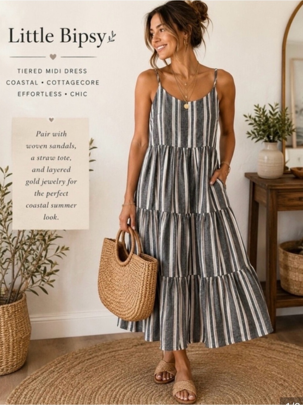 Little Bipsy Striped Tiered Midi Dress in Gray and White